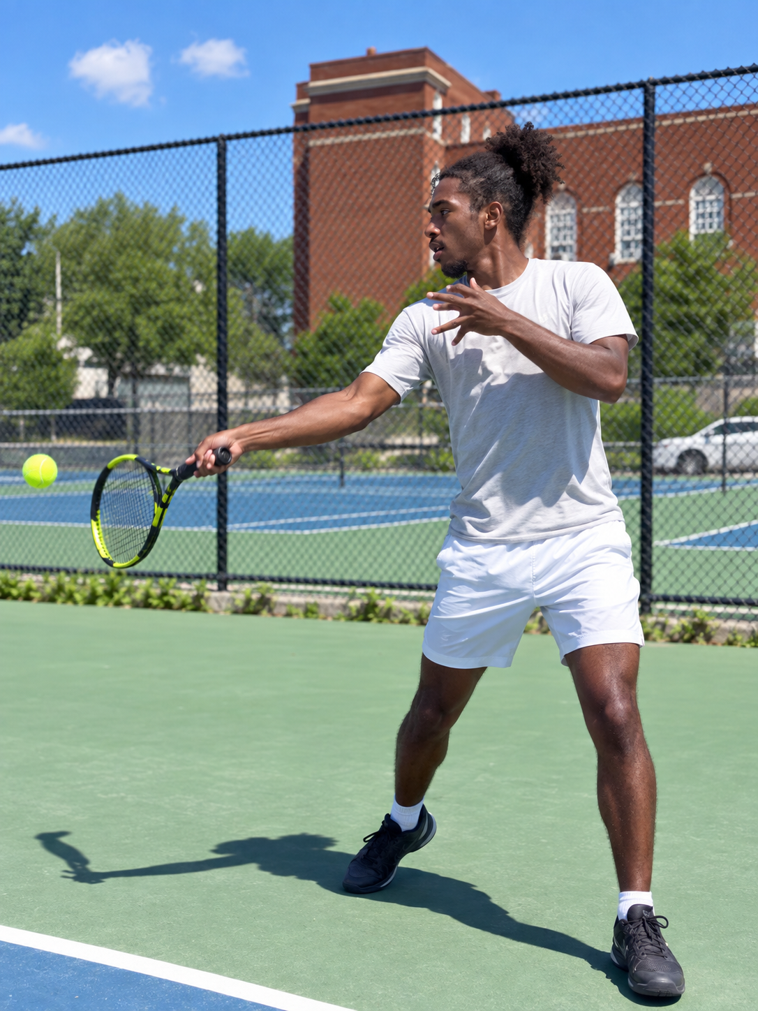 Perris Burke in a white shirt playing tennis, focused on the ball.
